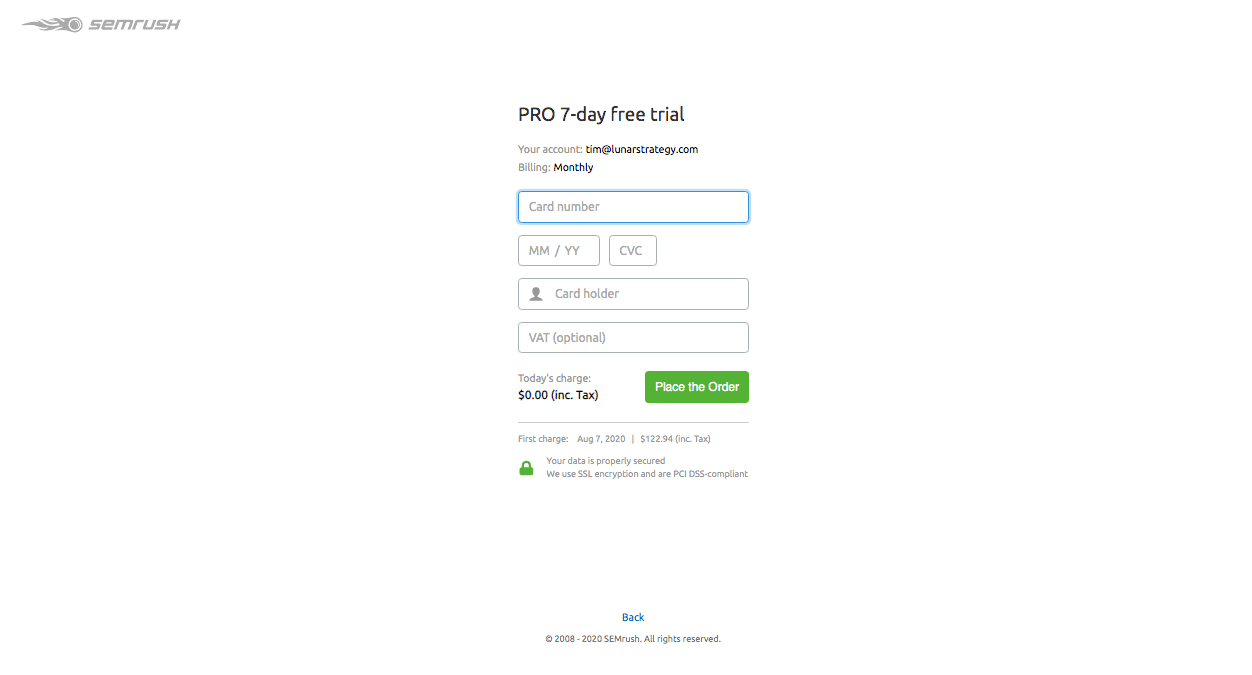 semrush trial credit card