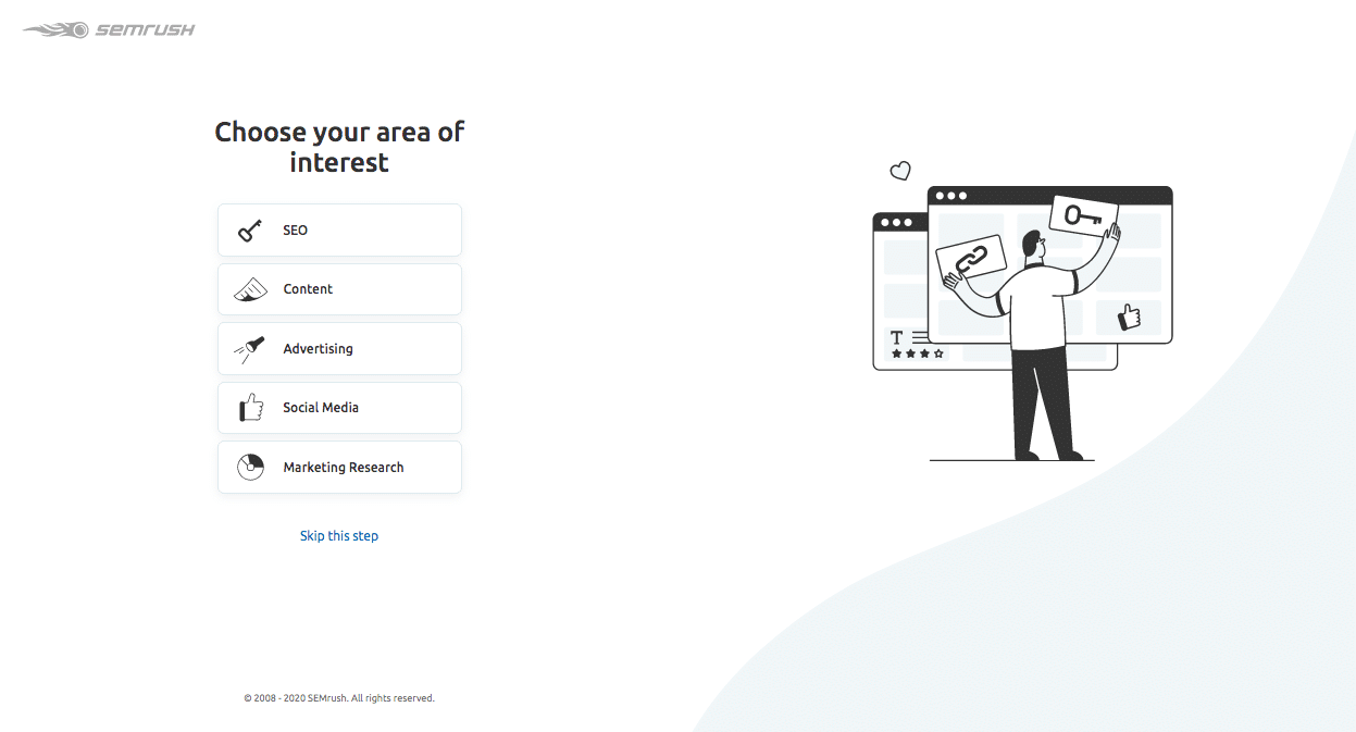 Choosing areas of interest for SEMrush free trial