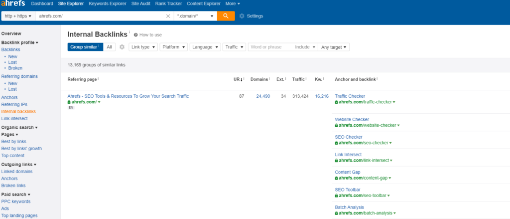 check internal backlinks with ahrefs