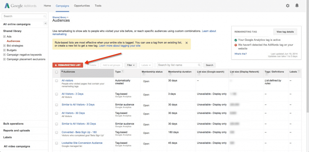 Remarketing List adwords interface