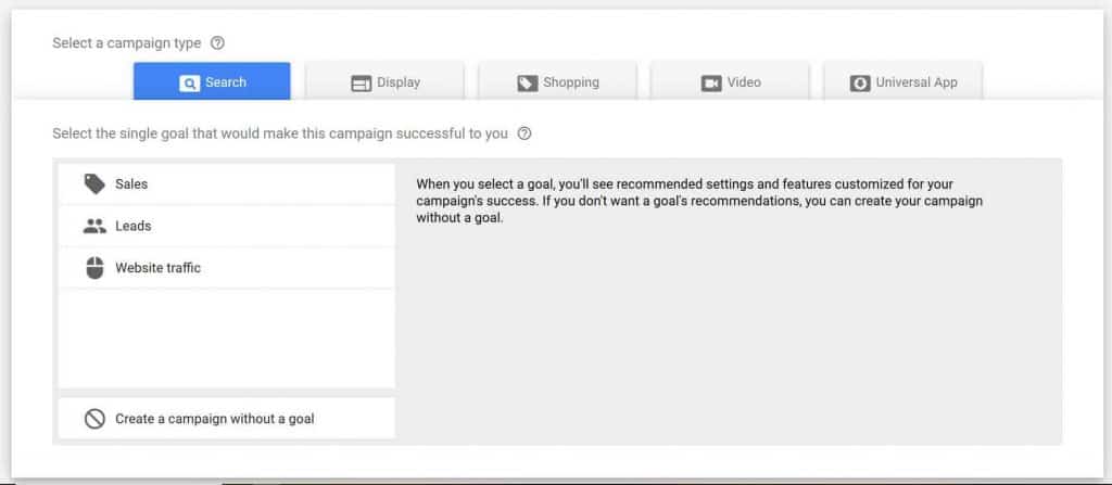 adwords goals screen